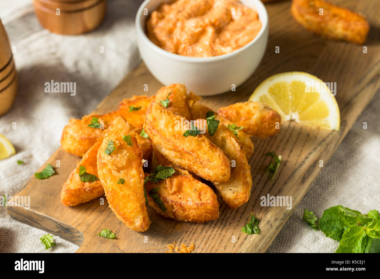 Homemade Deep Fried Halloumi Fries with Yogurt Dip Stock Photo