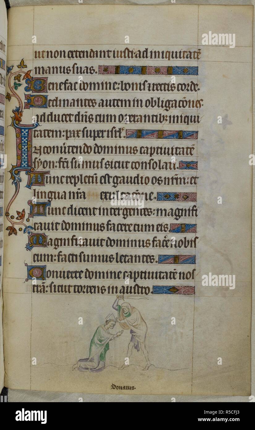 Bas-de-page scene of Donatus being beheaded by a man with a raised sword; a decorated initial 'I'(n). Psalter ('The Queen Mary Psalter'). England (London/Westminster or East Anglia?); between 1310 and 1320. Source: Royal 2 B. VII, f.260. Language: Latin, with French image captions. Stock Photo