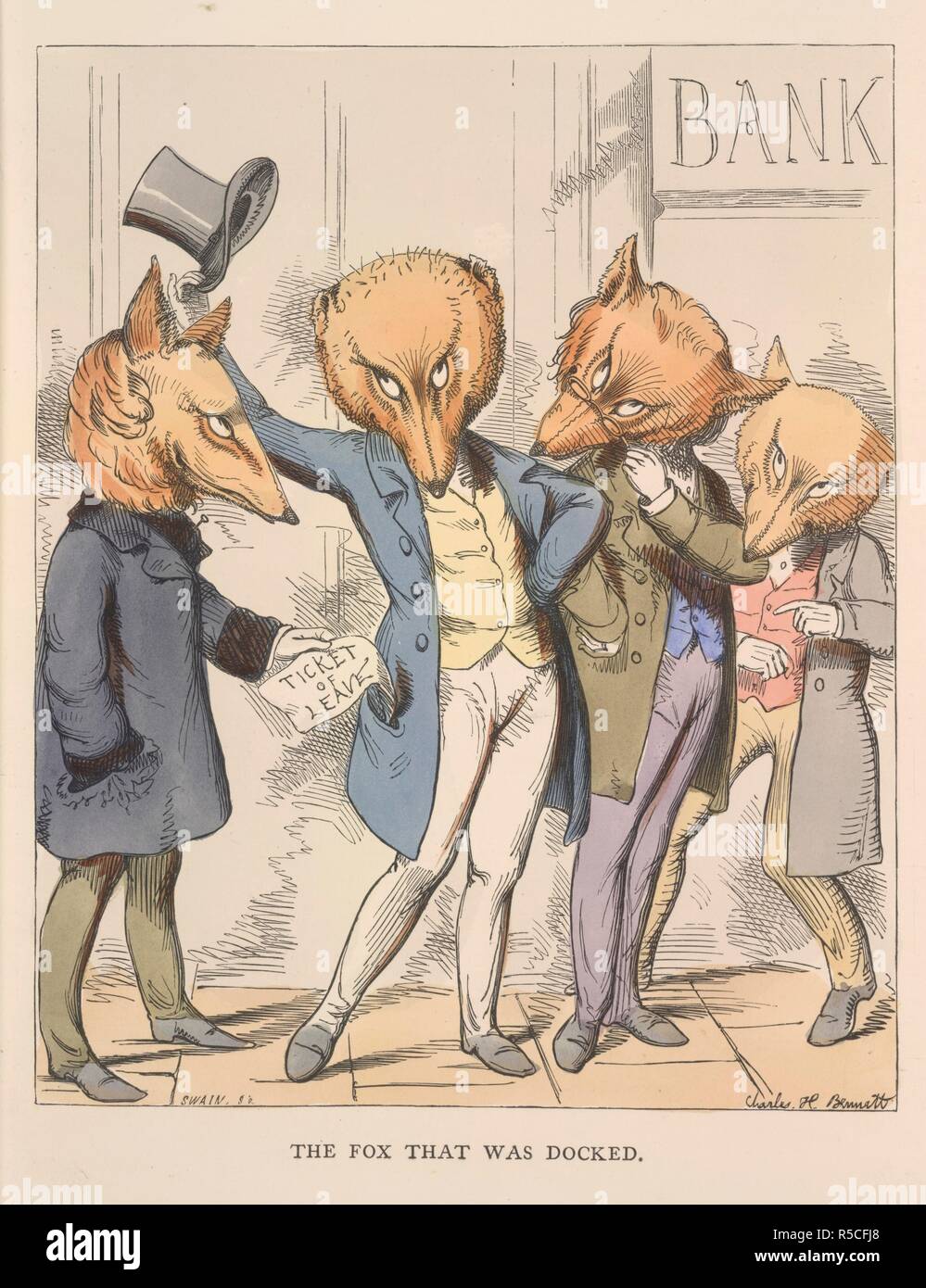 The fox that was docked. The Fables of Ã†sop and others. Translated into hum. W. Kent & Co.: London, 1857. A fox giving out advice to other foxes outside a bank.  Image taken from The Fables of Ã†sop and others. Translated into human nature, designed and drawn on the wood by Charles H. Bennett, etc.  Originally published/produced in W. Kent & Co.: London, 1857. . Source: 12305.g.11, opposite 10. Language: English. Author: AESOP. Bennett, C. H. Swain, J. Stock Photo