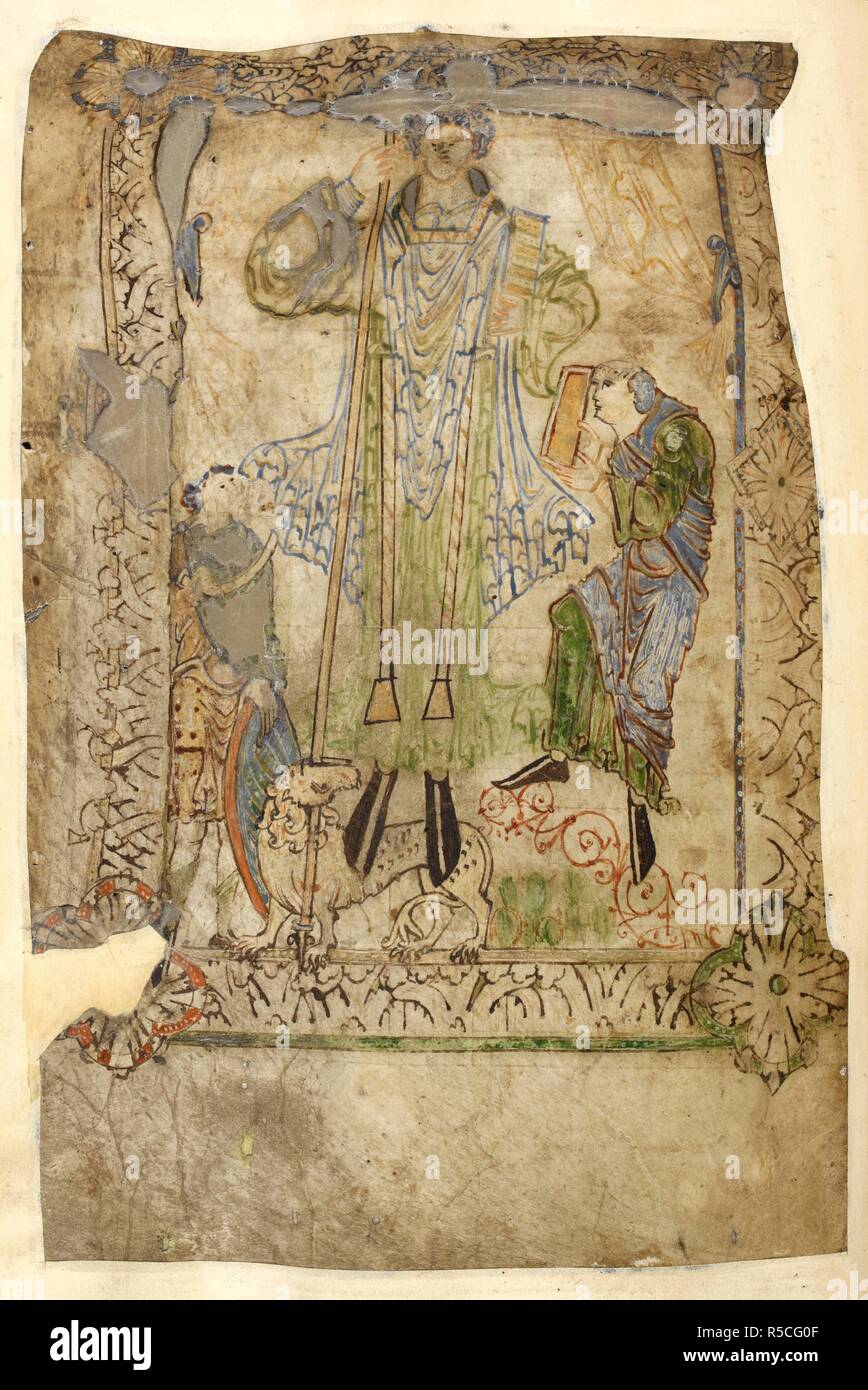 Illustration prefacing the table of contents. In the centre, a monumental figure of an ecclesiastic, dressed in green amice, blue chasuble and red stole, holds a spear in his right hand and a book in his left, and stands on a lion that bites the spear. He is flanked by two smaller figures; a soldier with a round shield and a scroll, and a monk offering a book; there are two yellow curtains drawn aside in the background. The figures are surrounded by a 'Winchester' type border of acanthus decoration with corner bosses. Old English Herbal. Christ Church, Canterbury; early 11th century. Source: C Stock Photo