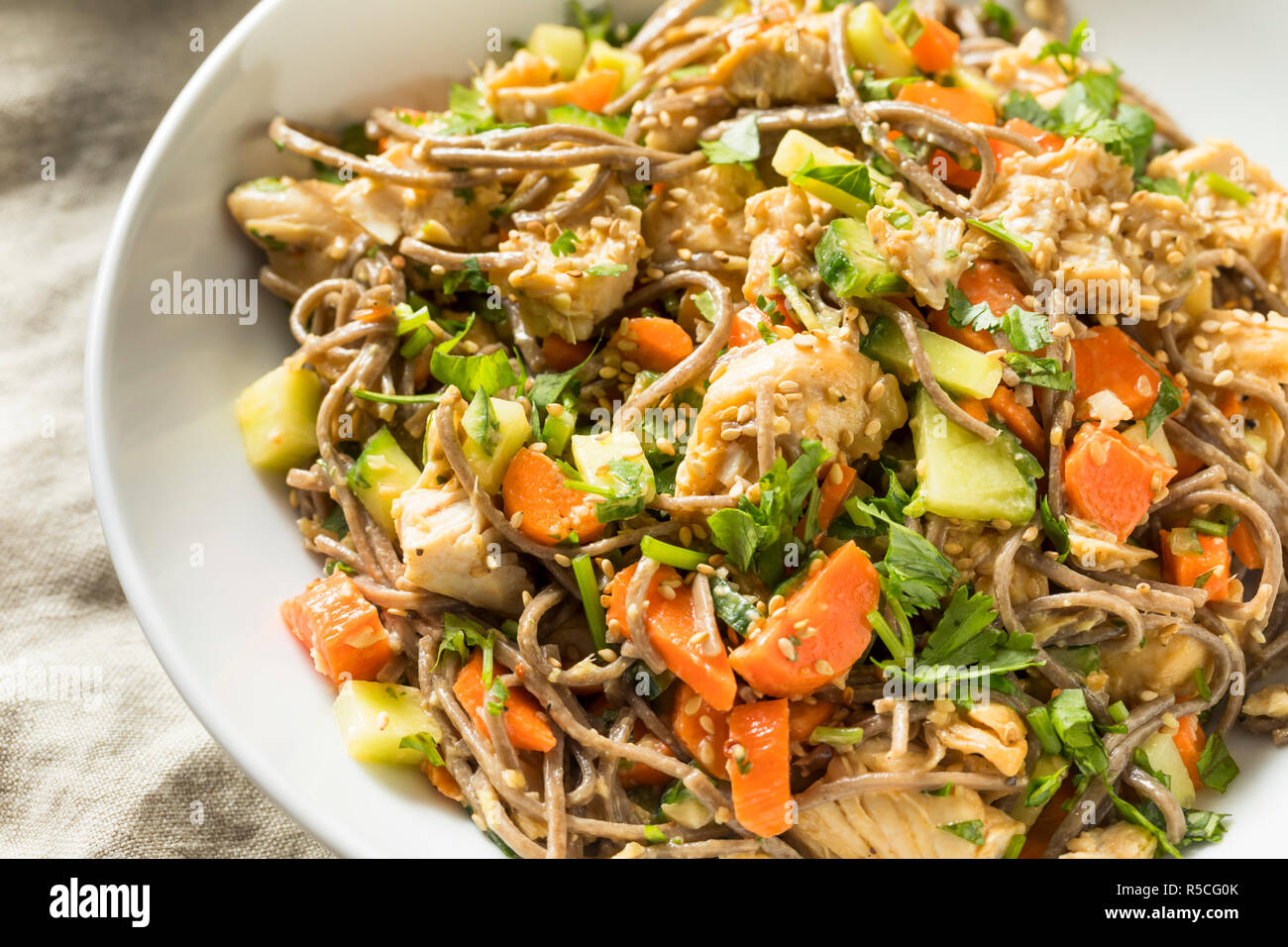 Healthy Homemade Soba Noodle Bowl with Sesame and Chicken Stock Photo