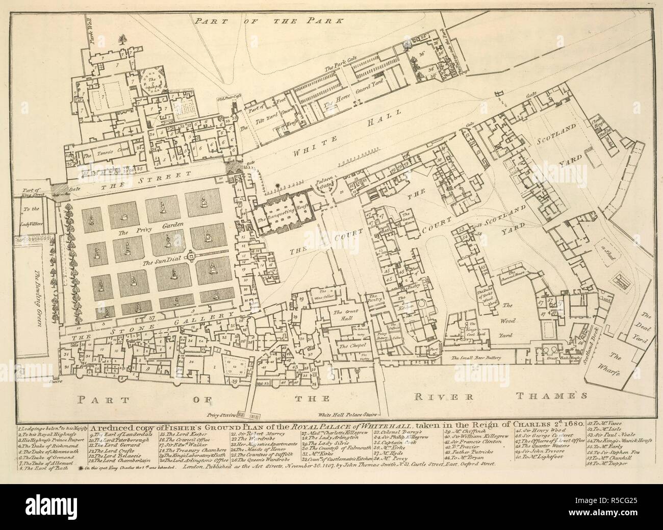 A reduced copy of Fisher's ground plan of the Royal Palace of Whitehall, taken in the reign of Charles 2nd 1680. Antiquities of Westminster; the old Palace; St. Stephen's Chapel (now the House of Commons), &c. containing two hundred and forty-six engravings of topographical objects, etc. (Sixty two additional plates, etc.). London, 1807-09. Source: 191.e.4, no.26. Language: English. Author: SMITH, JOHN THOMAS. Stock Photo