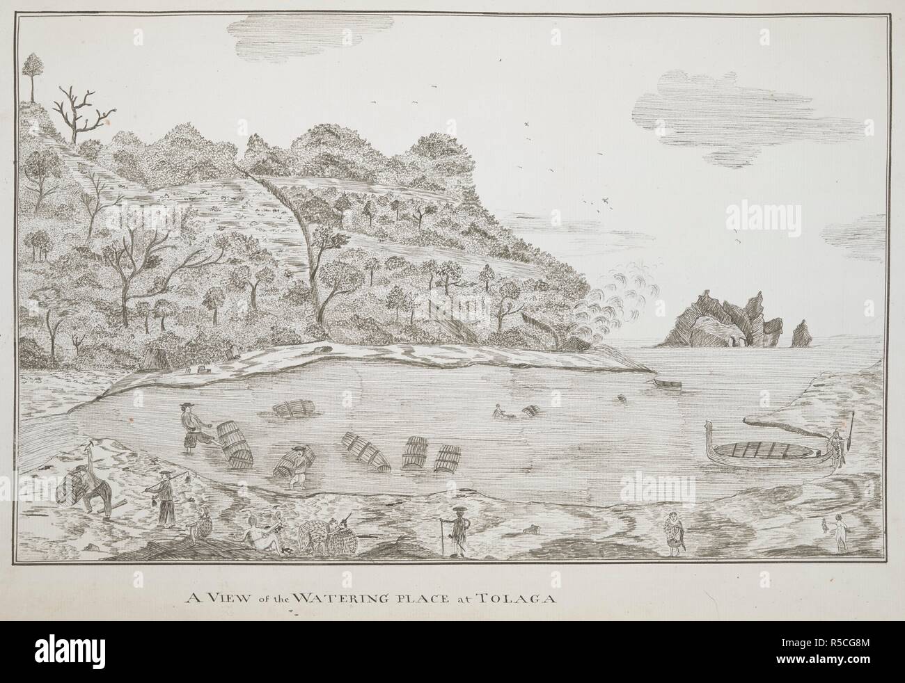 A view of the watering-place at Tolaga; drawn by Lieut. James Cook. Charts, Plans, Views, and Drawings taken on board the Endeavour during Captain Cook's First Voyage, 1768-1771. 1769. Ms. 1 f. 3 in. x 9 1/2 in.; 38 x 24 cm. Source: Add. 7085, No.21. Stock Photo