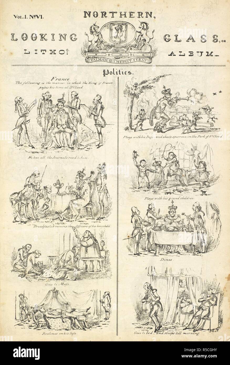 A cartoon strip mocking the French monarch's life of idleness and luxury. Northern looking glass. Glasgow. : Printed, published, and sold by J. Watson, and sold by R. Ackermann, ... London: by C. Smith & Co. & E. West & Co. Edinbh. and by R. Griffin & Co. ..., 1825. Source: P.P.6223.dba no.6, page 1. Language: English. Author: HEATH, WILLIAM. Stock Photo
