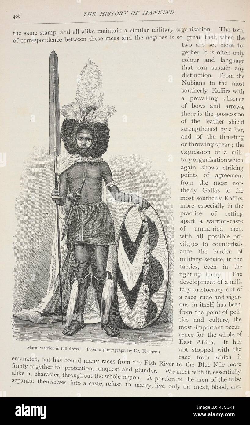 A Masai warrior in full dress, armed with a knife, spear and a shield. The history of mankind / Trans from the second German edited by A. J. Butler. v. 3, 1898. [S.l.] : Macmillan, 1896-1898. Source: 572*3343* vol II, f.408. Language: English. Author: Ratzell, Friedrich. Stock Photo