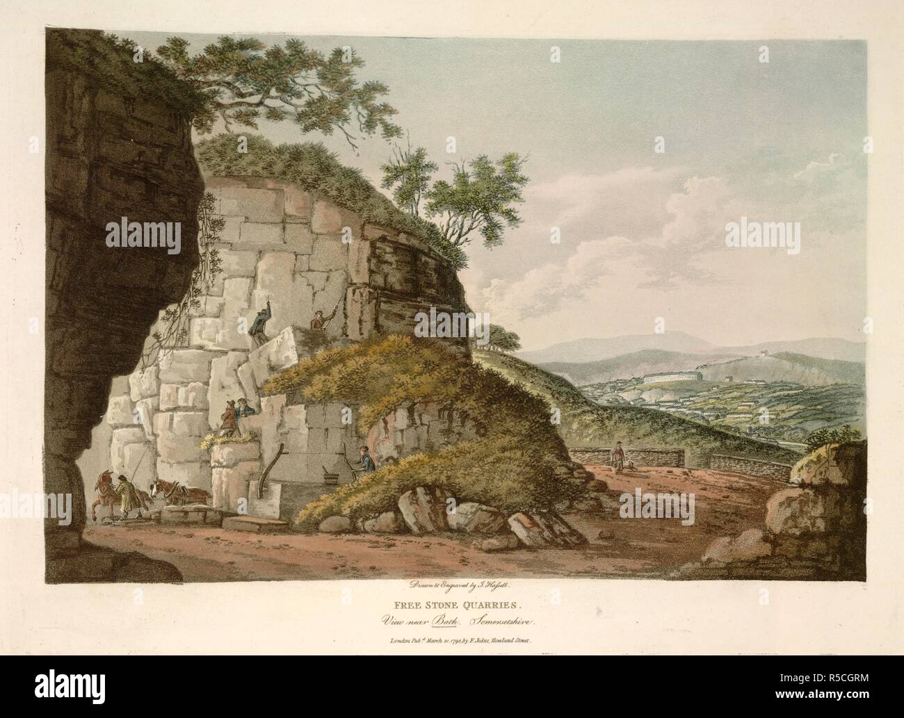 Free Stone Quarries. Free Stone Quarries, a View near Bath: by J. Hasse. 1798. Free Stone Quarries, view near Bath, Somersetshire.  Image taken from Free Stone Quarries, a View near Bath: by J. Hassel.  Originally published/produced in 1798. . Source: Maps.K.Top.37.30.b,. Language: English. Author: Hassell, John. Stock Photo