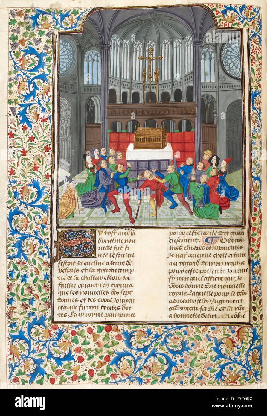 Book II, chapter 1. Martellino, visiting the church as if to seek a cure for his pretended lameness, is attacked by two men. Text with decorated initial and borders. Decameron. Netherlands; circa 1475. Source: Add. 35322, f.43v. Language: French. Author: BOCCACCIO, GIOVANNI. Master of the Harley Froissart. Premierfait, Laurent. Stock Photo