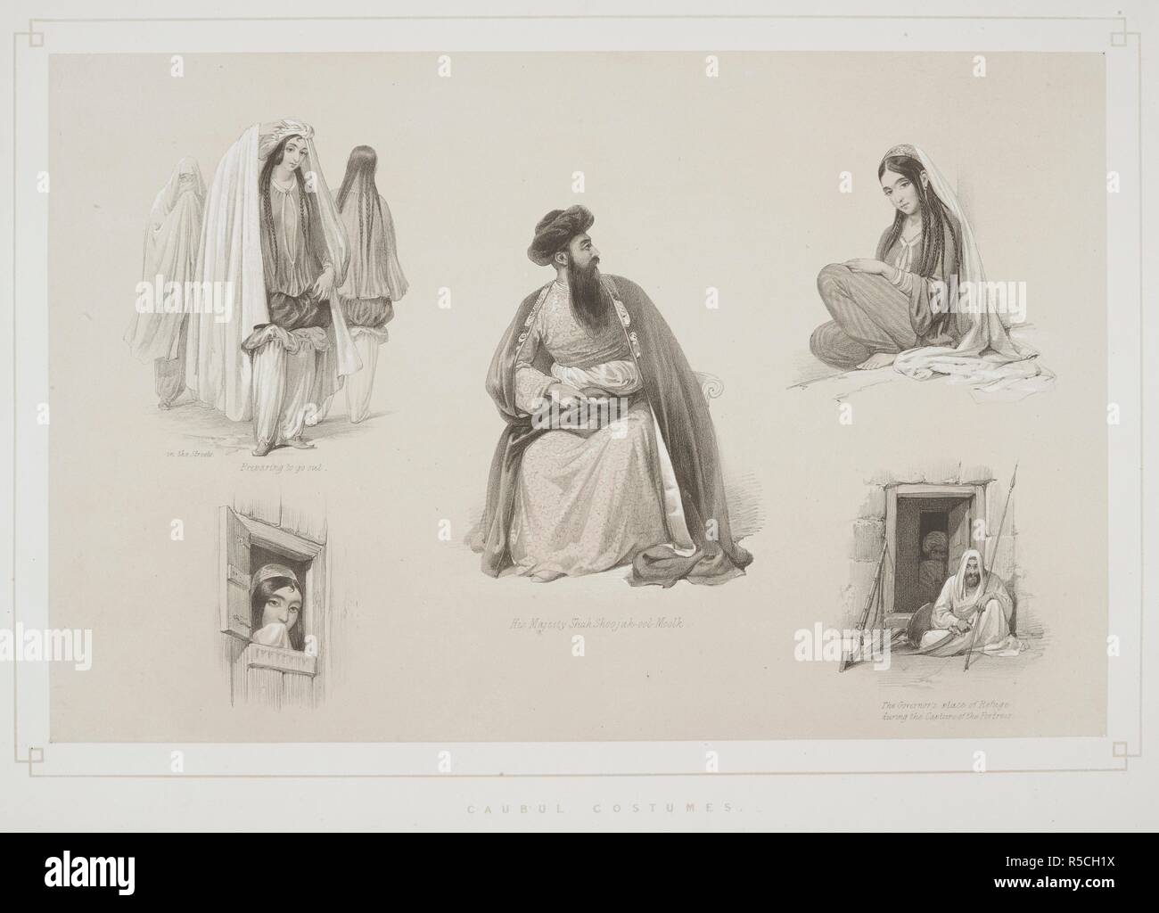 Caubul costumes. His Majesty Sha Shoojah-ool Moolk. Sketches in Afghaunistan. London : H. Graves & Co., [1842]. Source: X812 plate 29. Author: Atkinson, James. Stock Photo