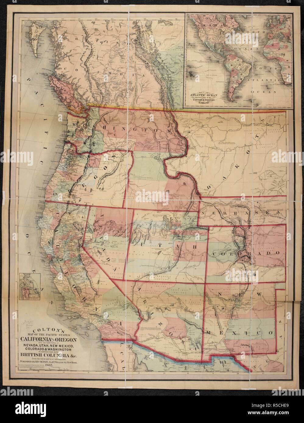 A map California and Oregon, with the territories of Nevada, Utah, New Mexico, Colorado and Washington. Colton's Map of the Pacific States California & Oregon with the territories of Nevada, Utah, New Mexico, Colorado & Washington in connection with British Columbia, etc. New York, 1862. Source: Maps 71495.(60.). Language: English. Stock Photo