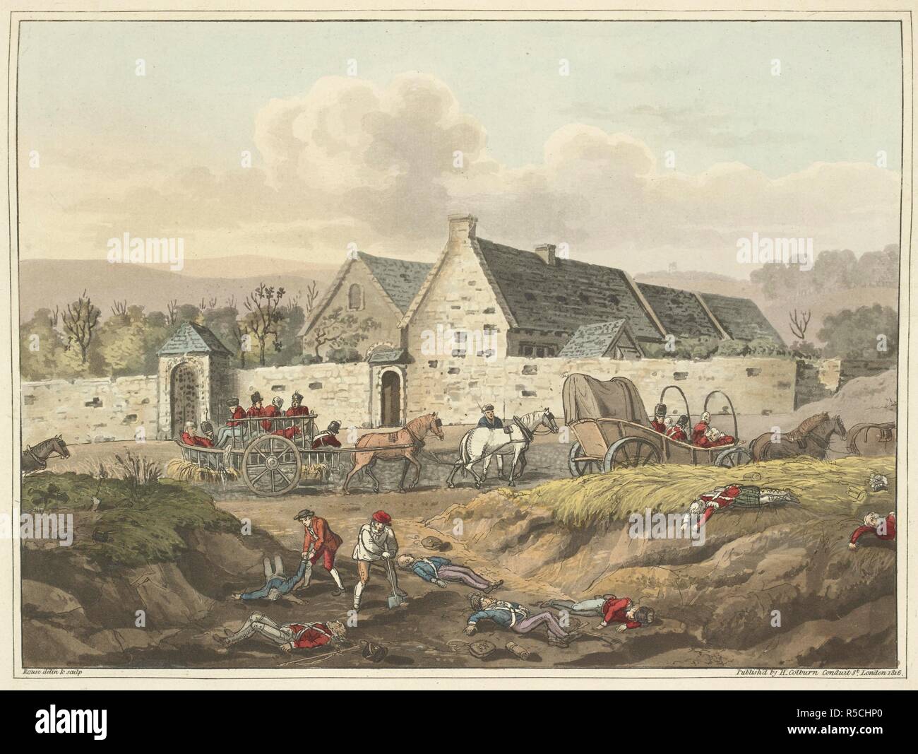 The farm of La Haye Sainte. Bodies of dead soldiers being gathered and loaded onto a cart. An Historical Account of the Campaign in the Netherlands, in 1815, under His Grace the Duke of Wellington, and Marshal Prince Blucher, comprising the battles of Ligny, Quatrebras, and Waterloo; with a detailed narrative of the political events connected with those memorable conflicts down to the surrender of Paris, and the departure of Bonaparte for St. Helena ... Embellished with ... plates ... from drawings ... by James Rouse. London : Henry Colburn, 1817. Source: 193.e.9 Plate XII - K. Author: JAMES R Stock Photo