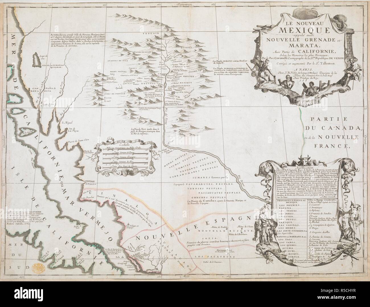 A map of New Mexico also called New Grenada and Marata. LE NOUVEAU MEXIQUE appelÃ© aussi NOUVELLE GRENADE et MARATA. Avec Partie de CALIFORNIE. A PARIS : Chez J.B. Nolin sur le Quay de l'Horloge, Ã  l'Enseigne de la place des Victoires Vers le Pont Neuf Auec Privilege du Roy, 168 [about 1687.]. Copperplate engraving, hand colour in outline. Source: Maps K.Top.122.99. Language: French. Author: Coronelli. Stock Photo