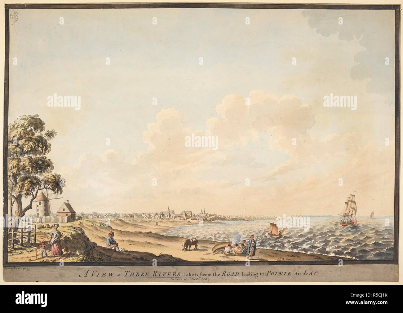 American Indians sitting by a boat on the shore; a mother and child, a windmill and a tree to the left; ships on the water; the city of Trois-RivieÌ€res in the distance. A VIEW of THREE RIVERS taken from the ROAD leading to POINTE du LAC. Taken 19th Octr 1784. Pen and black ink with watercolour. Source: Maps K.Top.119.43.1. Language: English. Author: Peachey, James. Stock Photo