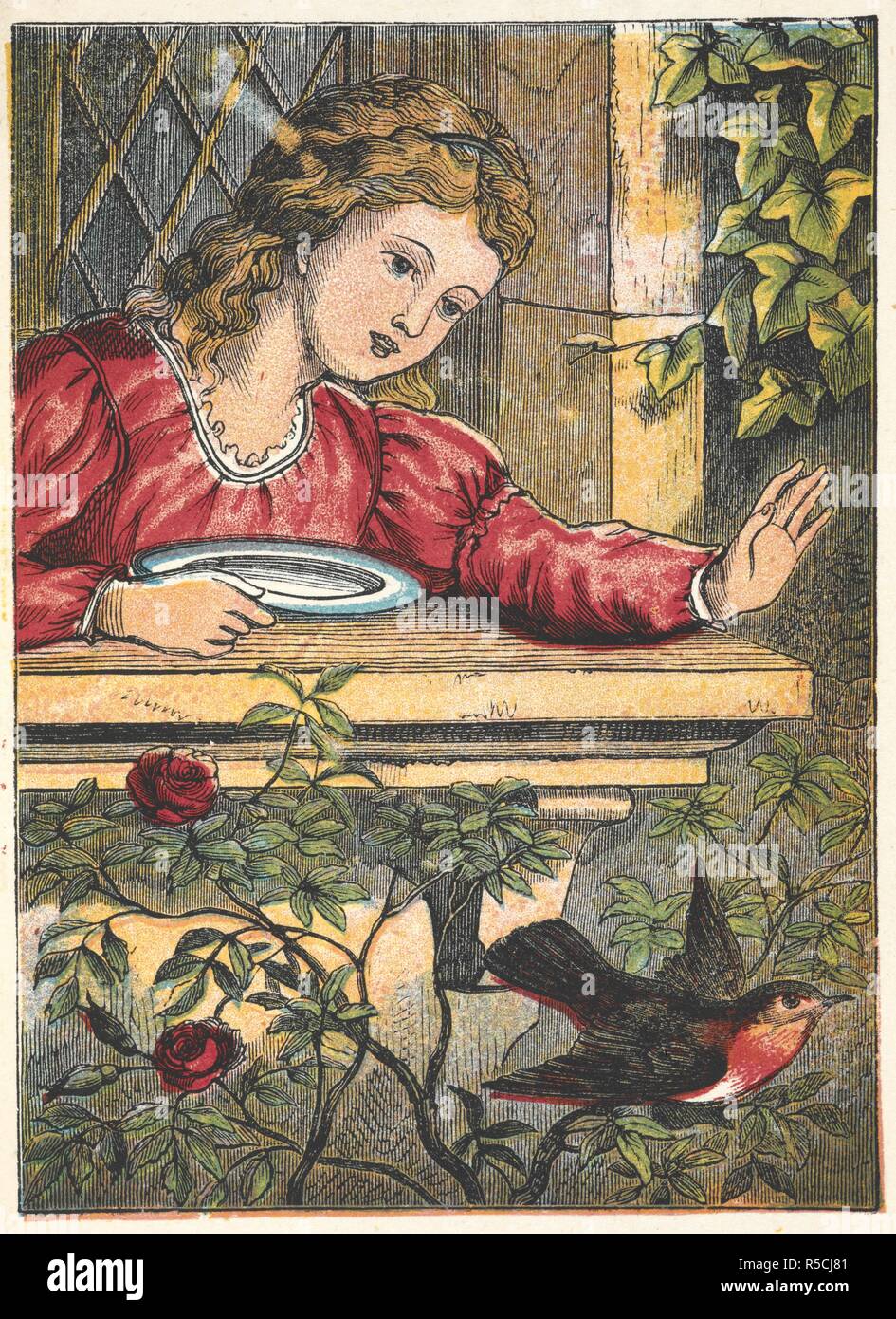 A robin flying away from a girl at a window. The Robin Redbreast Picture Book. With ... illustrations. London ; New York, [1873]. Source: 12803.aaa.62. plate 1. Author: ANON. Stock Photo