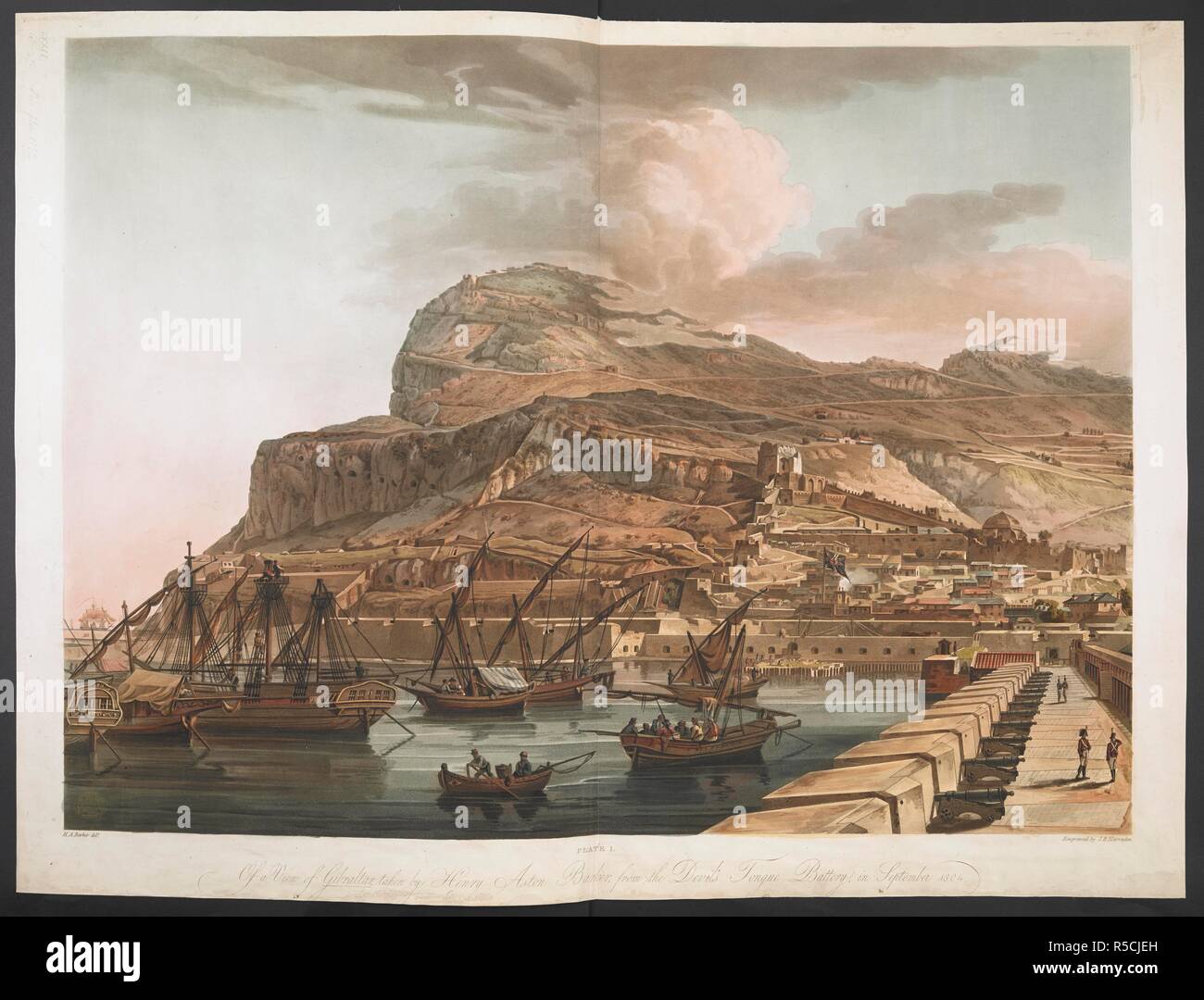 A view of the Rock of Gibraltar from the north-west, with soldiers walking along the artillery battery and ships moored in the harbour in the foreground, mountain and fortifications on the left and the British flag flying over the town on the right. Plate I. Of a View of Gibraltar taken by Henry Aston Barker : from the Devil's Tongue Battery, in September 1804. [London] : [publisher not identified], [1808]. Etching and aquatint. Source: Maps K.Top.72.48.n.1. Language: English. Stock Photo