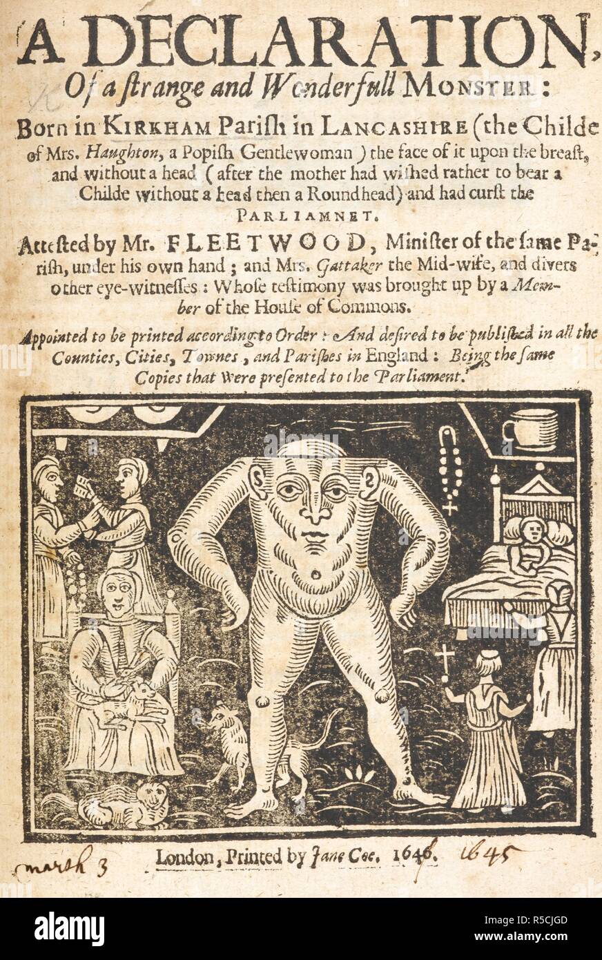 Text and a woodcut depicting a headless creature with a face in it's chest.  A declaration of a strange and wonderfull monster born in Kirkham parish in  Lancashire. ... Attested by Mr.