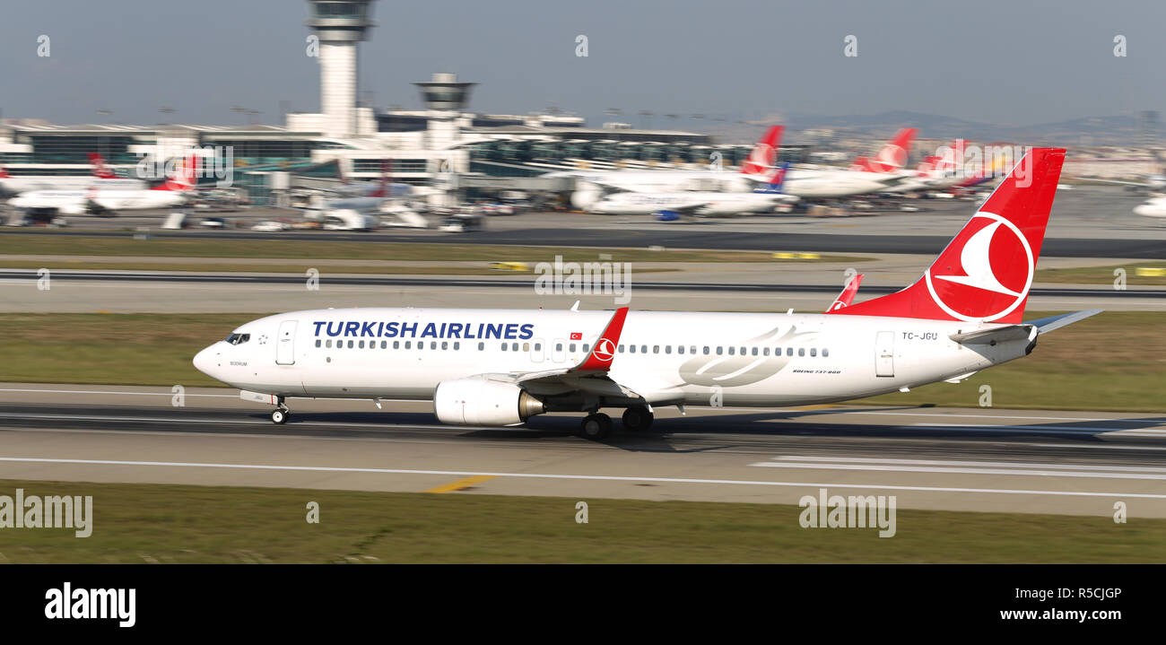ISTANBUL, TURKEY - AUGUST 05, 2018: Turkish Airlines Boeing 737-8F2 (CN 34418) takes off from Istanbul Ataturk Airport. THY is the flag carrier of Tur Stock Photo