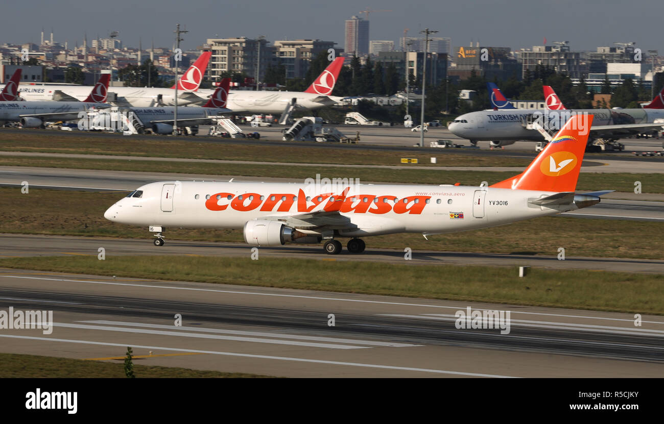 ISTANBUL, TURKEY - AUGUST 05, 2018: ConViasa Embraer 190BJ (CN 177) takes off from Istanbul Ataturk Airport. ConViasa has 8 fleet size and 15 destinat Stock Photo