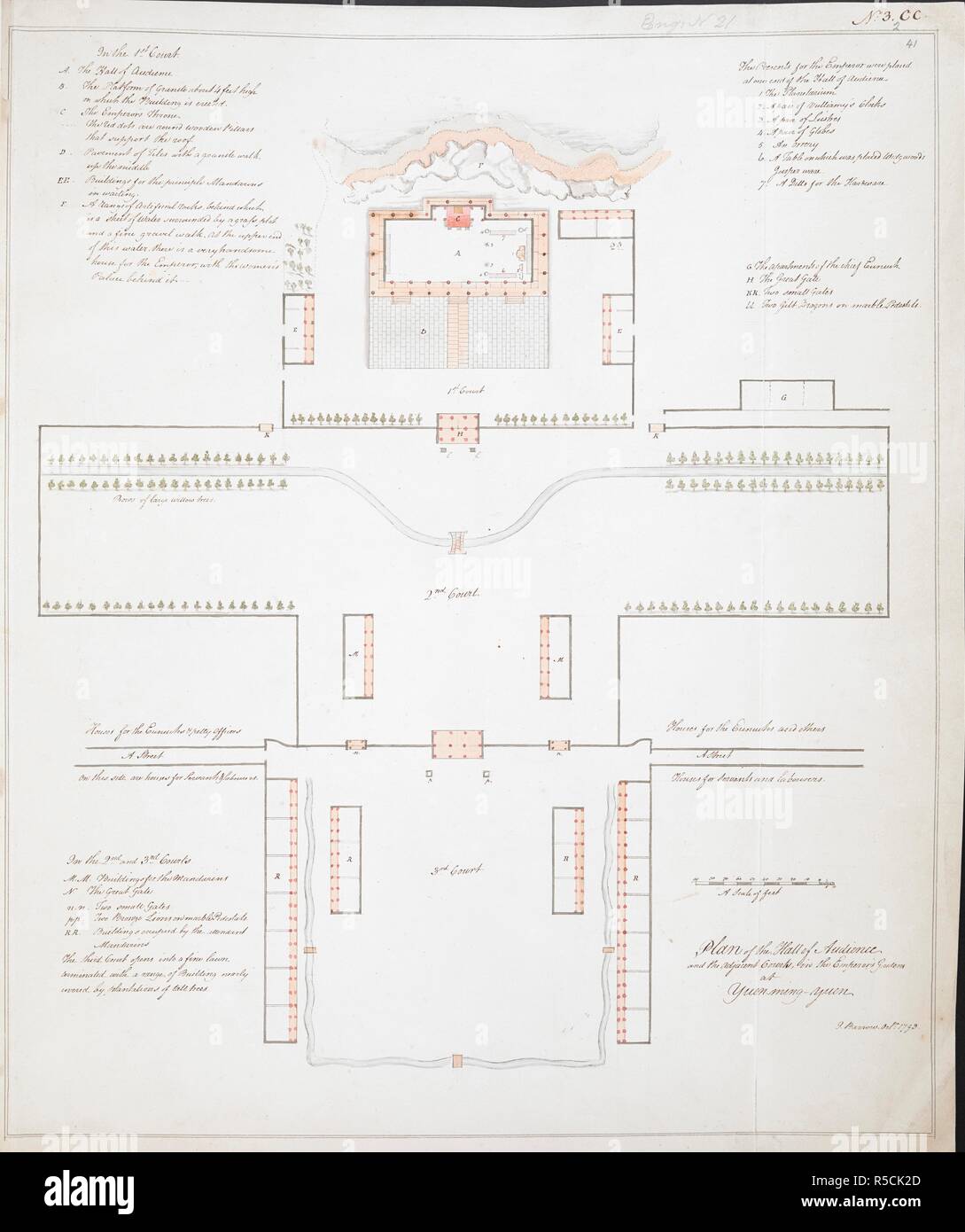 A 'plan of the hall of audience, with the adjacent courts in the Emperor's gardens at Yuen-ming-yuen;' drawn by J. Barrow in Oct. 1793, on a scale of 40 feet to an inch. A collection of eighty views, maps, portraits and drawings illustrative of the Embassy sent to China under George, Earl of Macartney, in 1793; drawn chiefly by William Alexander, some by Sir John Barrow, Bart., some by Sir Henry Woodbine Parish, and one by William Gomm. Many of them are engraved in Sir George Staunton's Narrative of the Embassy, published in 1797. Engraved in Staunton, Atlas, No. 21. Oct. 1793. Ms. 1 f. 8 1/2  Stock Photo
