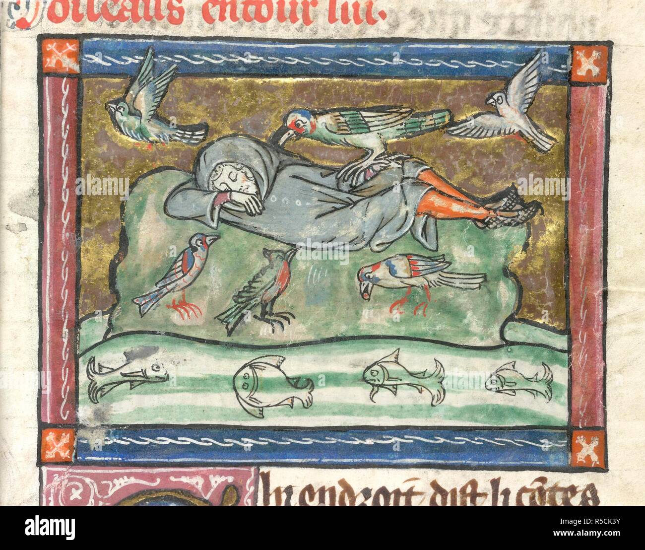 A sleeping man surrounded by birds. . L'Estoire del Saint Graal. Beginning of the xivth century. Image taken from L'Estoire del Saint Graal. Source: Add. 10292, f.29. Language: French. Stock Photo