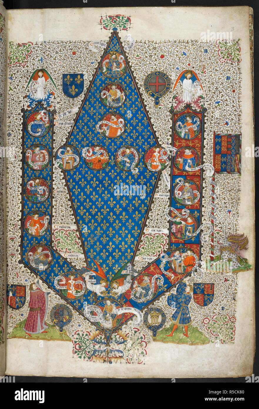 The genealogical table of descendants of Louis IX in the form of a fleur-de-lys, with portraits of kings in medallions, supported by Humfrey, Duke of Gloucester with his arms and the arms of Anjou encircled by the Garter, and Richard, Duke of York with his arms and an initial 'M' encircled by the Garter; the arms of France and of George encircled by the Garter, and a banner bearing the royal arms of England impaled with the arms of Anjou, wrapped with a scroll inscribed with a motto 'Dieu est mon droit', and supported by the royal device of an antelope with a crown and chain. Shrewsbury Talbot Stock Photo