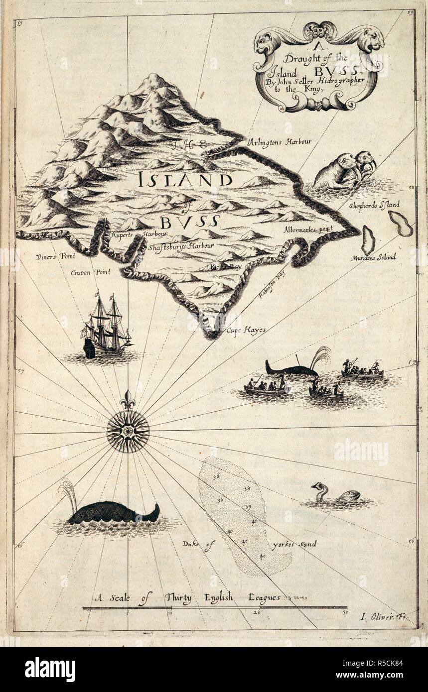 Map of the Island of Buss in the North Atlantic. Images of Whaling and whaling ships. . A Draught of the Island of Buss in The English Pilot. London, 1671. In â€œThe English Pilot,â€ by J. Seller. Source: Maps C.22.d.2 Map 3. Language: Latin. Stock Photo