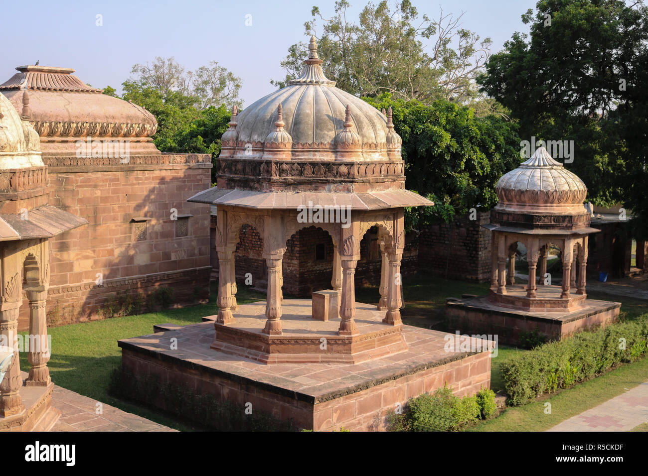 Temples of Mandore Garden. Mandore Garden is built around the royal cenotaphs (Chhatris) of the Rathore rulers in the 6th century. Stock Photo