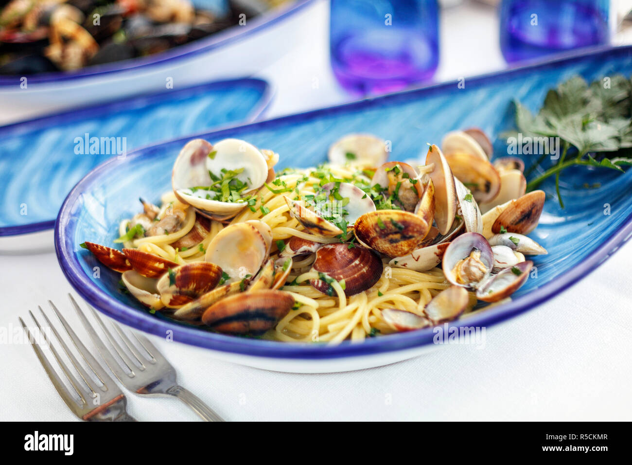 Italy, Amalfi Coast, Positano, Spaghetti ai frutti di mare Stock Photo