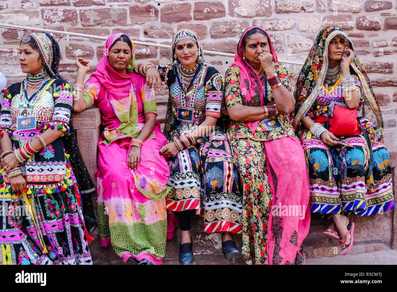Women in traditional Rajasthani dress at Mehrangarh Fort, Jodhpur, Rajasthan, India. Stock Photo