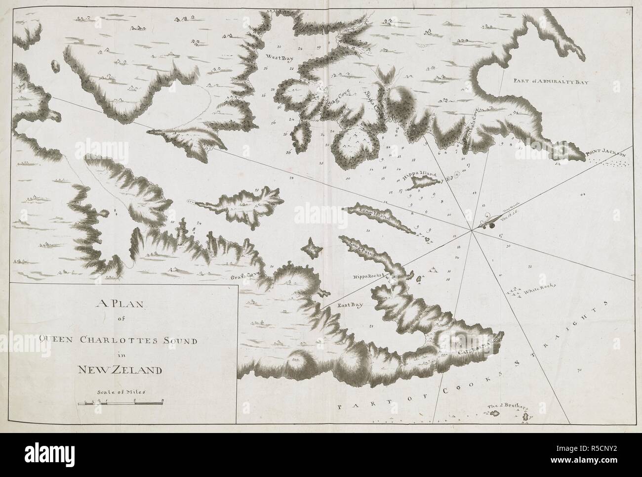 A plan of Queen Charlotte's Sound, on the southern side of Cook's Straits; drawn by Lieut. James Cook, on a scale of one mile to an inch. Charts, Plans, Views, and Drawings taken on board the Endeavour during Captain Cook's First Voyage, 1768-1771. 1770. Ms. 1 f. 11 in. x 1 f. 3 1/2 in.; 58 x 39 cm.; Scale 1: 63 360. 1 mile to an inch. Source: Add. 7085, No.29. Stock Photo