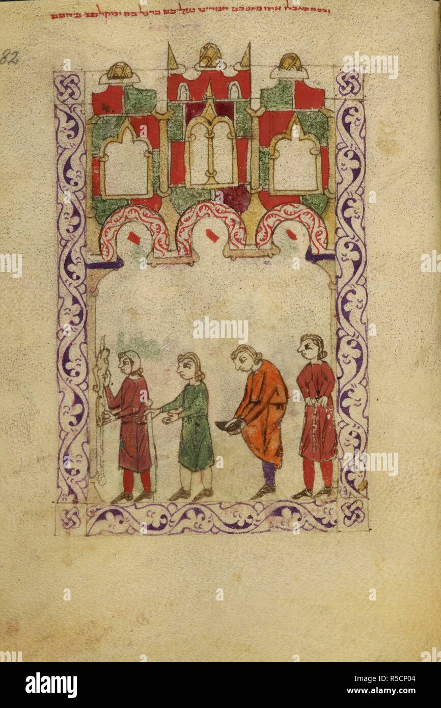 Leaving Egypt. Hispano-Moresque Haggadah. Castile, c.1300. A group of people beginning preparations to leave Egypt. Vellum manuscript.  Image taken from Hispano-Moresque Haggadah.  Originally published/produced in Castile, c.1300. . Source: Or. 2737, f.82. Language: Hebrew. Stock Photo