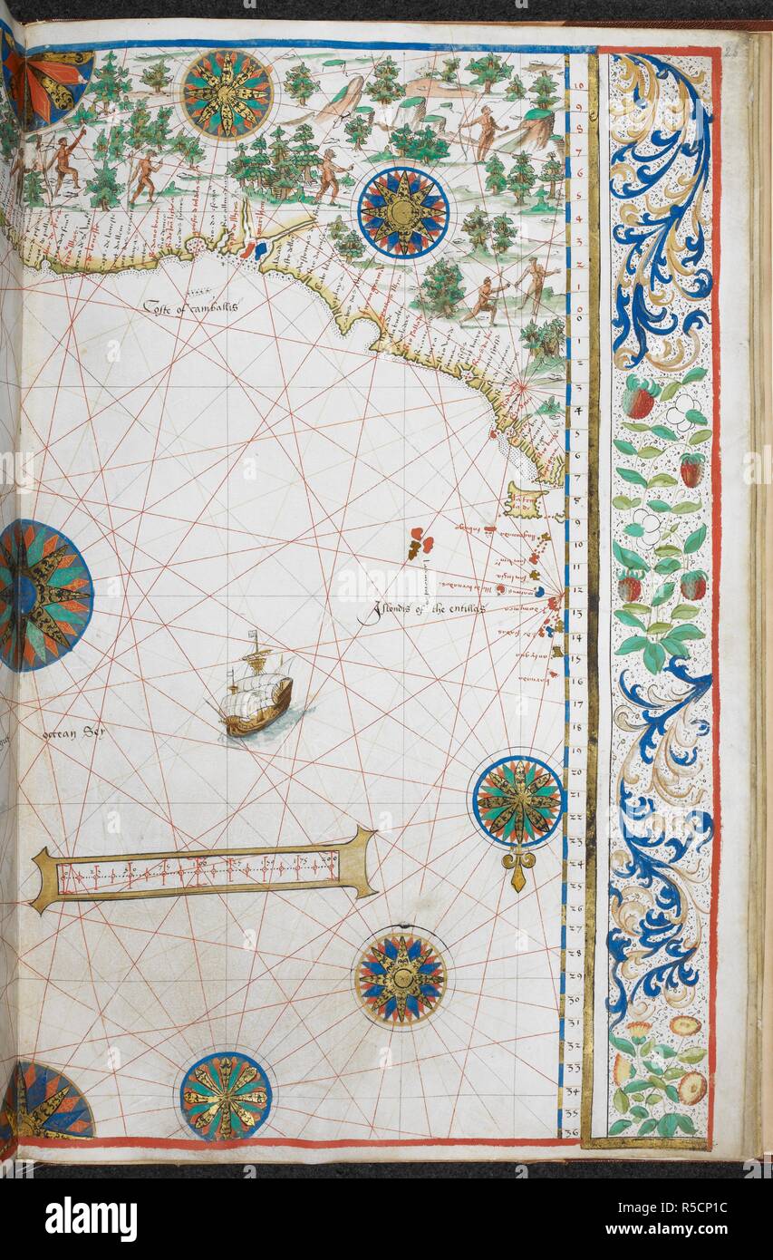 Chart of the Atlantic Ocean, with the western coast of Africa from 27Å‚ to 9Å‚ north, and the opposite coast of South America from 9Å‚ north to 10Å‚ south. Jean Rotz, Boke of Idrography (The 'Rotz Atlas'). c 1535-1542. Source: Royal MS 20 E IX f.26. Language: French & English. Stock Photo