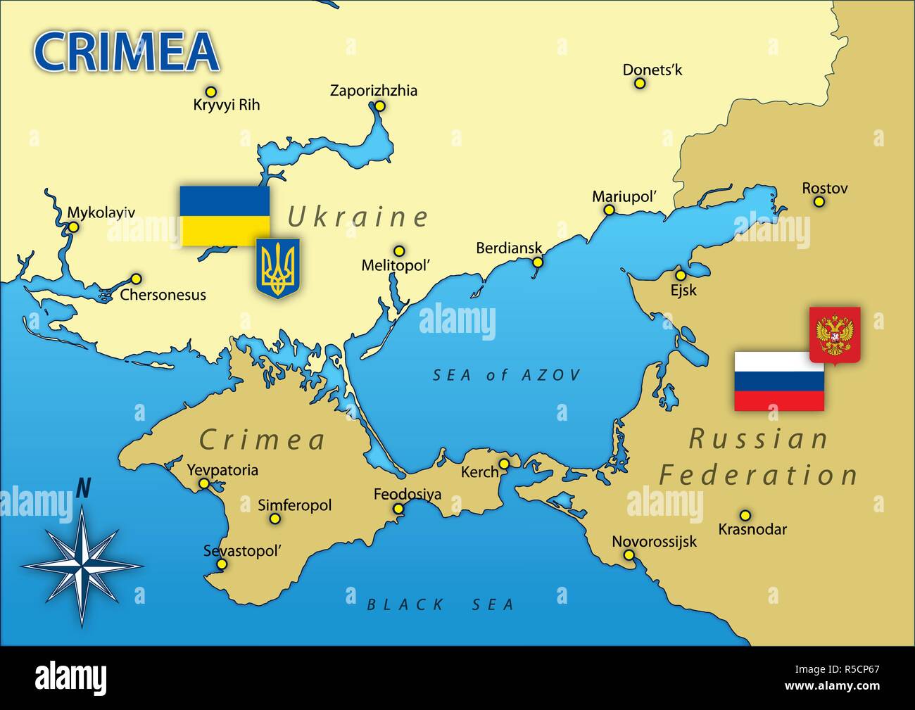 Crimea peninsula map with borders and flags, vector illustration Stock Vector