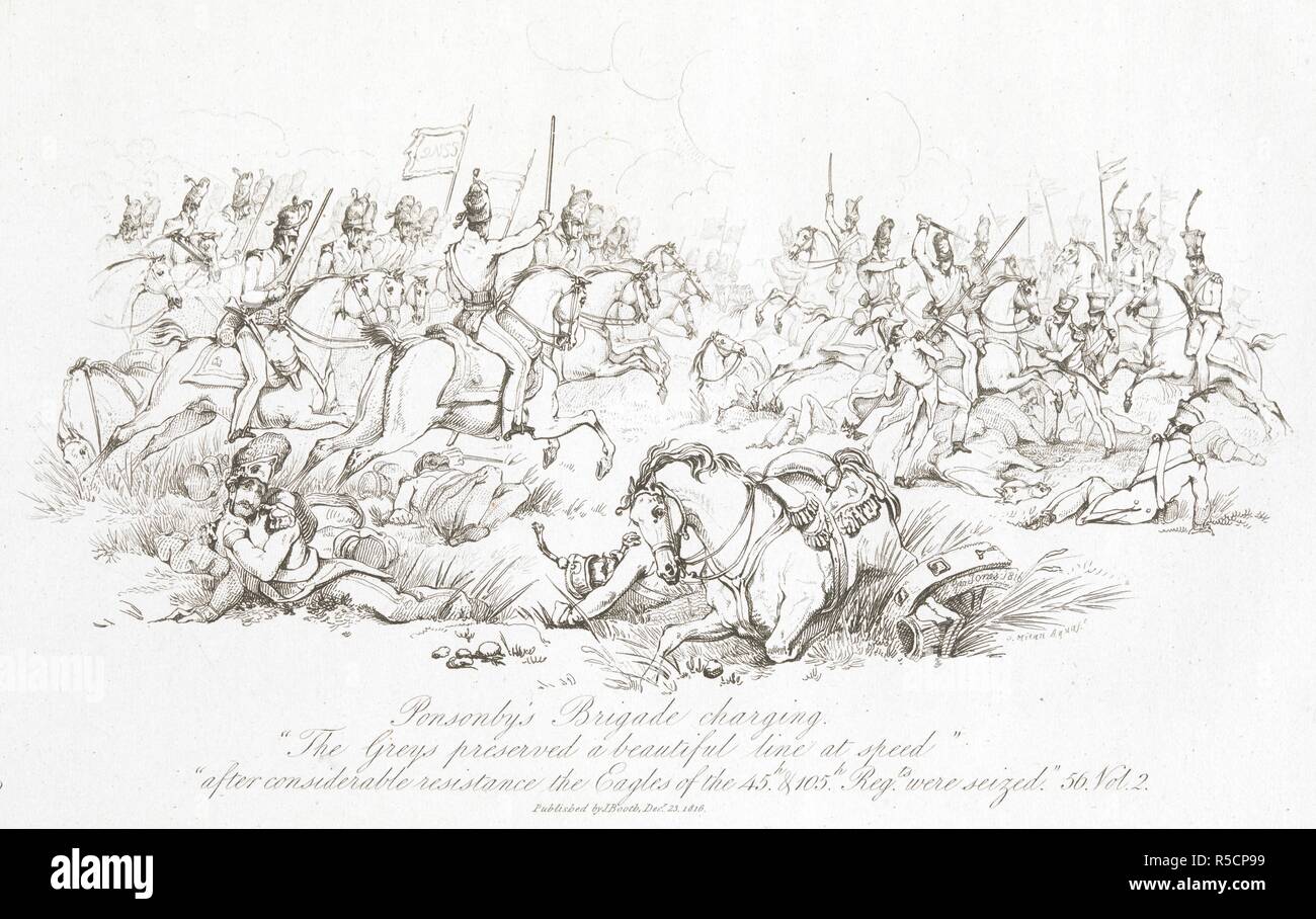 Maj.Gen. Sir W. Ponsonby's Brig. charging, 'the Greys preserved a beautiful line at speed. After considerable resistance, the Eagles of the 45th and 105th regts. were seized'. . The Battle of Waterloo, also of Ligny and Quatre-Bras described by ... a near observer ... [A narrative by C. A. Eaton, with a sketch by J. Waldie... from sketches by Captain G. Jones. 2 vol. John Booth; T. Egerton: London, 1817. Source: G.5651. Part 2. Plate 18, after page 56. Author: Eaton, Charlotte Anne. Jones, Captain George. Stock Photo