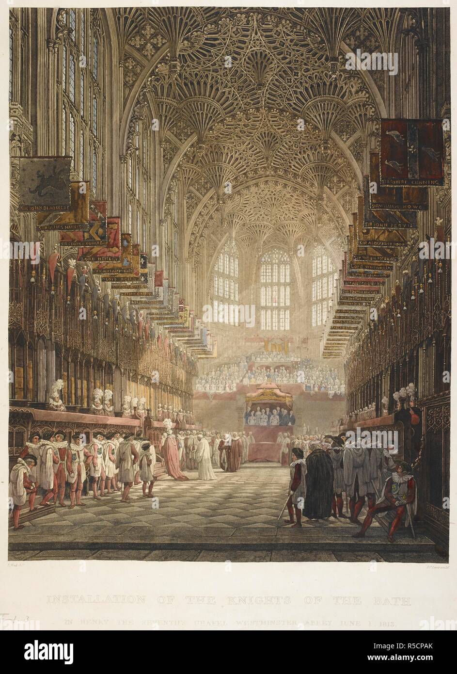 Interior view of a chapel with knights with plumed helmets standing on either side of the choir; windows and the royal box at the end of the chapel; a congregation and an organ below the window on the far wall; the scene bathed in sunlight from the right. INSTALLATION OF THE KNIGHTS OF THE BATH IN HENRY THE SEVENTH'S CHAPEL WESTMINSTER ABBEY JUNE 1 1812. [London] : Pubd. by R. Ackermann 1813 Repository of Arts 202 Strand, 1813. Aquatint and etching with hand-colouring. Source: Maps K.Top.24.4.ff.1-3. Language: English. Author: LEWIS, FREDERICK CHRISTIAN. Stock Photo