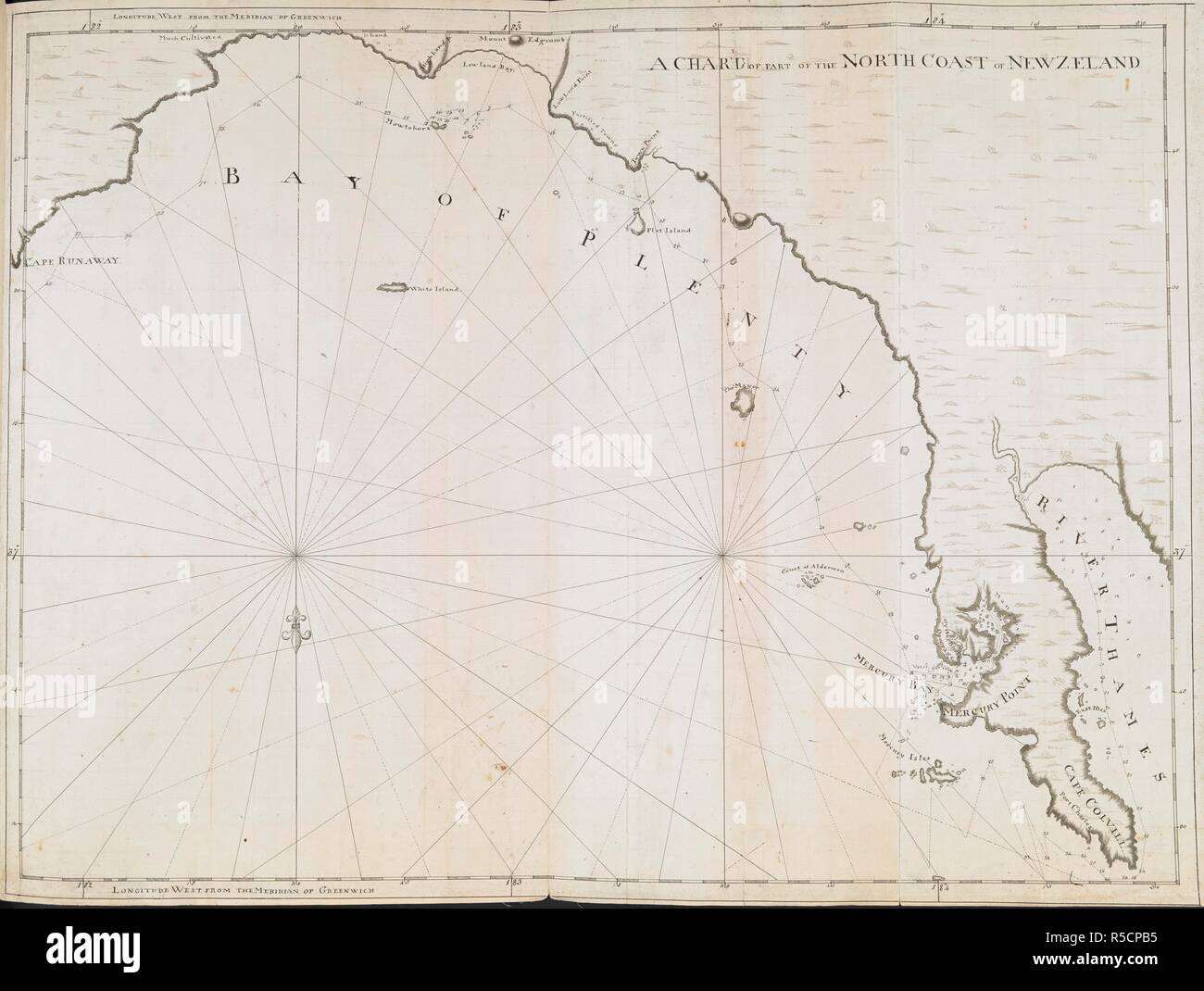 [Whole map] A chart of part of the north coast of New Zealand; the Bay of Plenty, from Cape Runaway to Cape Colvill. Charts, Plans, Views, and Drawings taken on board the Endeavour during Captain Cook's First Voyage, 1768-1771. 1771.    . Source: Add. 7085, No.19. Language: English. Author: COOK, JAMES. PRAVAL, CHARLES. Stock Photo