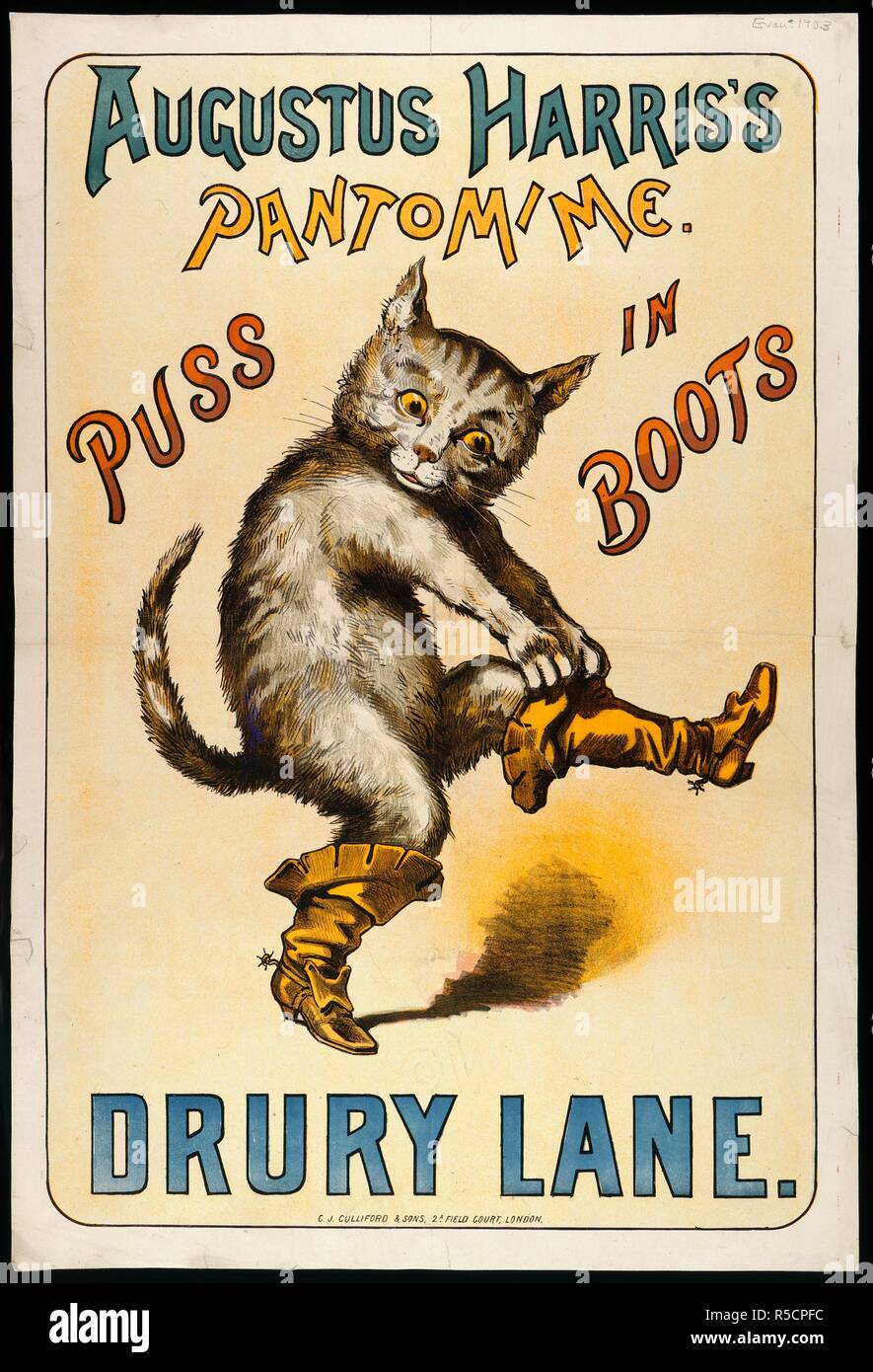 Augustus Harris's pantomime. Puss in boots. Drury Lane. Chromolithograph of Puss pulling on his boots. A collection of pamphlets, handbills, and miscellaneous printed matter relating to Victorian entertainment and everyday life. London, [1885?]. Source: EVAN.1903. Language: English. Author: Evanion, Henry. Stock Photo