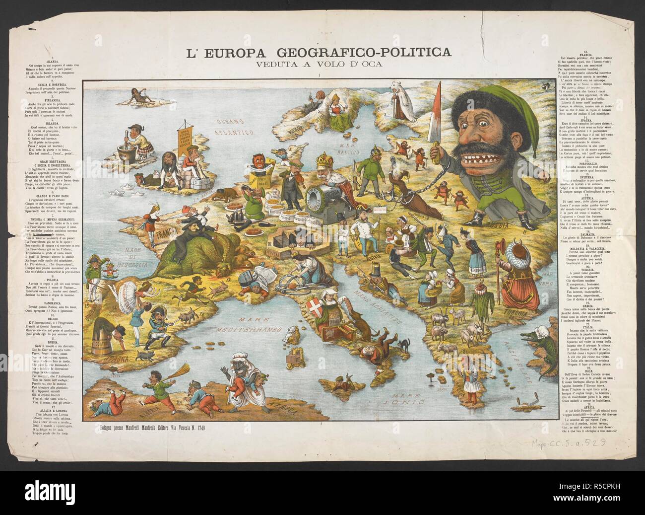A political comic map of Europe with verse relating to nations.  References to Treaty of Frankfurt, and to relations between Italy and Papacy, suggests a date of 1871. L'Europa geografico-politica veduta a vola d'oca. Bologna : presso Manfredi Manfredo editore Via Venezia N. 1749, [ca. 1871]. 1 map : col ; 38 x 53 cm., on sheet 50 x 70 cm. Source: Maps.cc.5.a.529. Language: Italian. Stock Photo