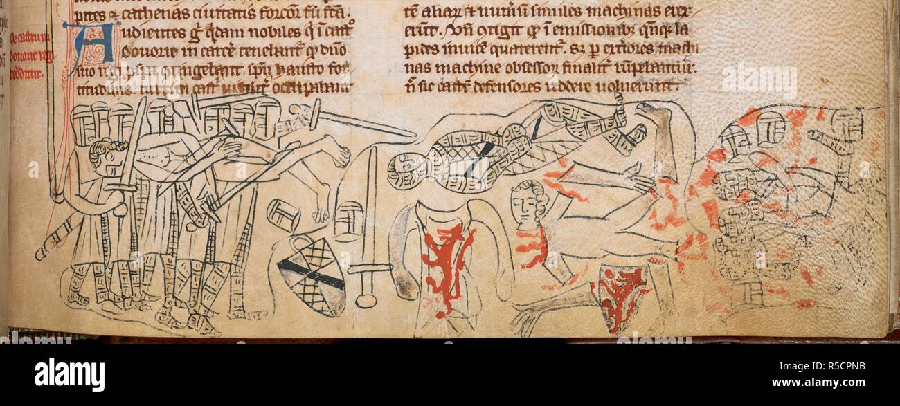 Drawing in lower margin: the Battle of Evesham and death of Simon de Montfort, 4th August 1265; text. Chronica Roffense [Flores Historiarum made at Rochester]. England (Rochester); early 14th century. Source: Cotton Nero D. II, f.177. Language: Latin. Author: PARIS, MATTHEW. Stock Photo