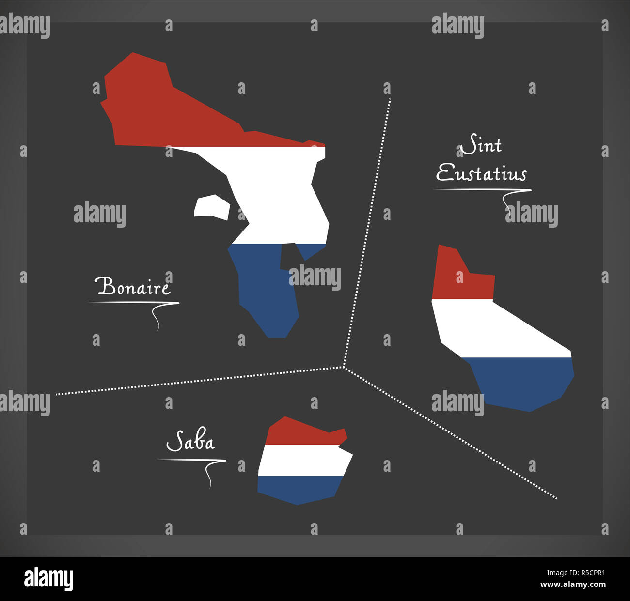 Bonaire Sint Eustatius Saba Netherlands map with Dutch national