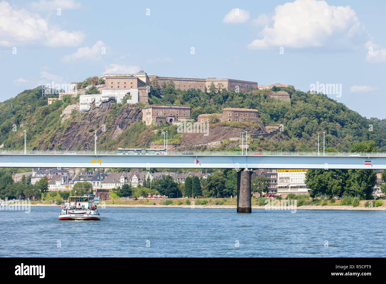 Ehrenbreitstein Castle, Koblenz, Rhine River, Germany.  Bridge carries highway B49 across the Rhine. Stock Photo