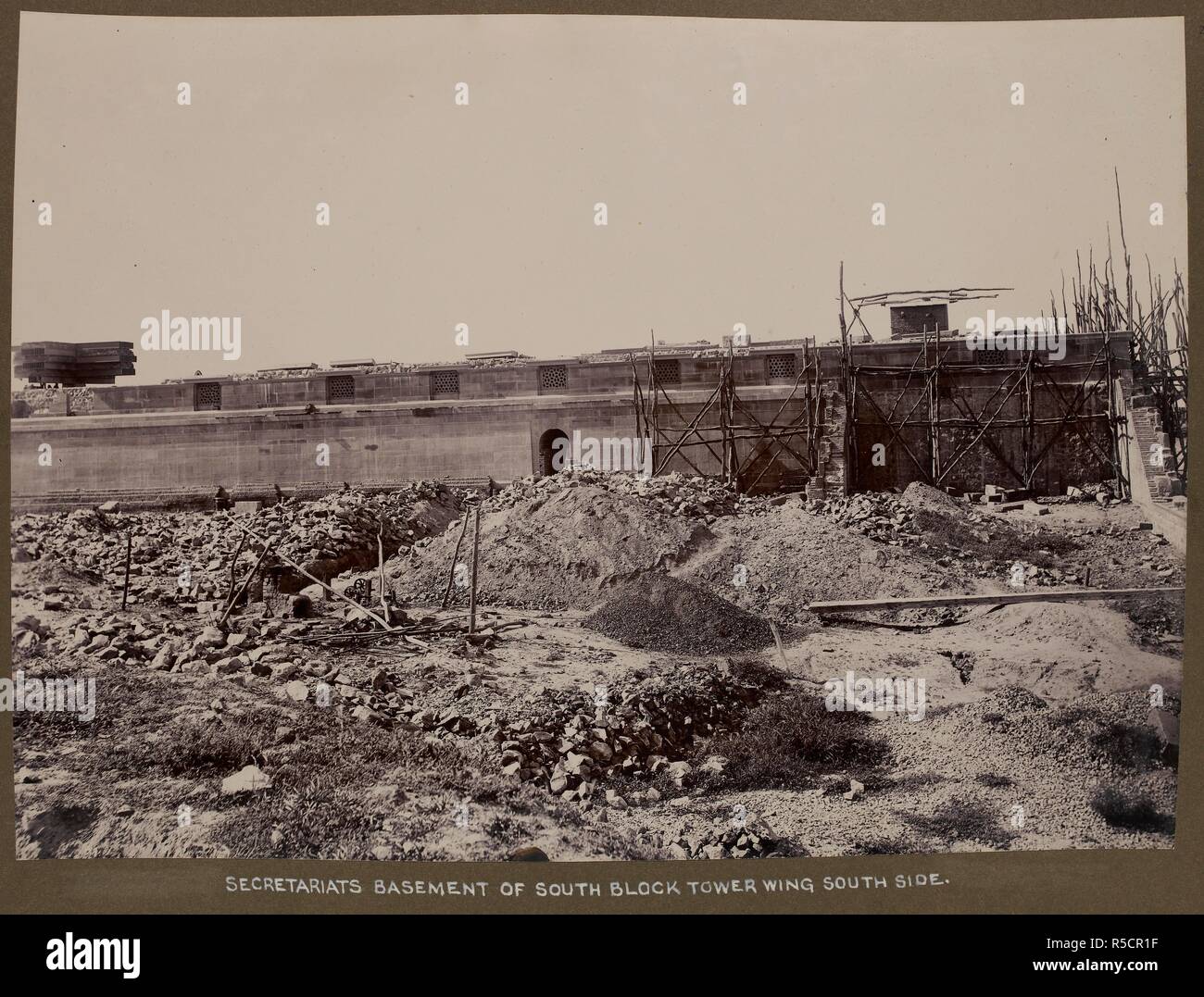[New Delhi during early stages of construction]. Secretariats. Basement of south block tower wing, south side. . Sir Hugh Trowbridge Keeling (PWD) Collection: Album of views of the construction of New Delhi. India, 1910s. 117 prints 142x173mm to 240x290mm Collodio-chloride (?) or gelatine silver prints The photographs include copies of artists impressions of the new city and views of early construction, workshops and staff quarters. Source: Photo 757/1.(27). Author: ANON. Stock Photo