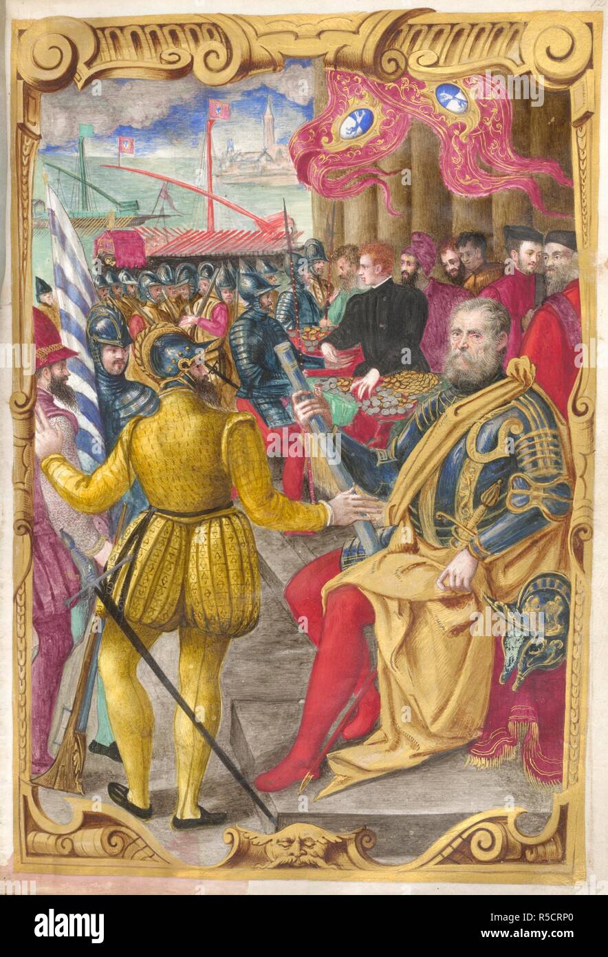 Hieronymus Zane, shown seated in armour, with clerks paying soldiers behind him, and in the distance, galleys on a sea, with Zaneâ€™s arms on a banner in the upper right corner. Giuramento (Commission and oath) of Girolomo (Hieronymus) Zane as Procurator de citra of Saint Mark, Venice. Italy, N. E. (Venice); 1568. Source: King's 156, f.12. Language: Latin and Italian. Stock Photo