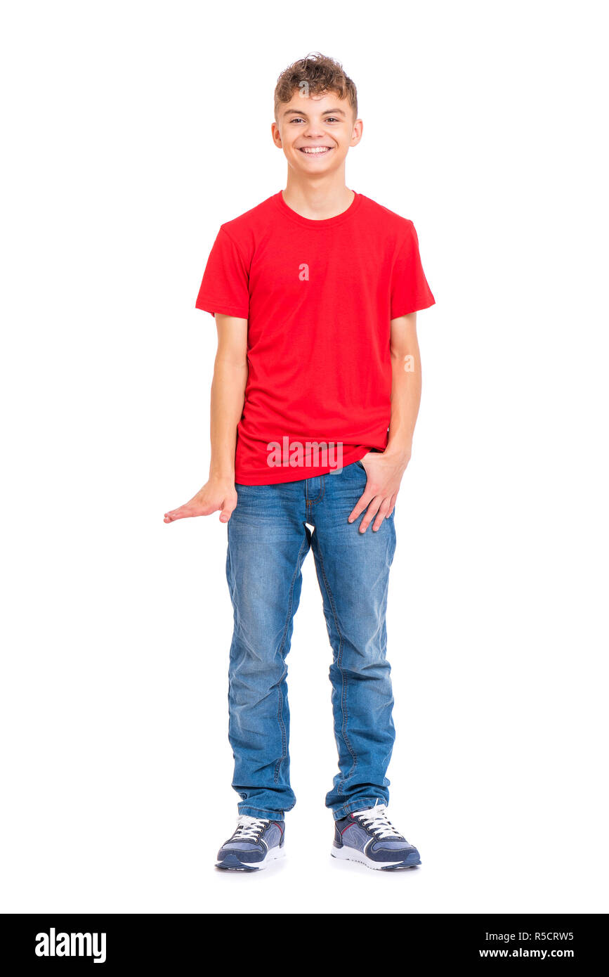 Full length portrait of young caucasian teen boy isolated on white  background. Funny teenager showing something by hand. Handsome child  looking at cam Stock Photo - Alamy