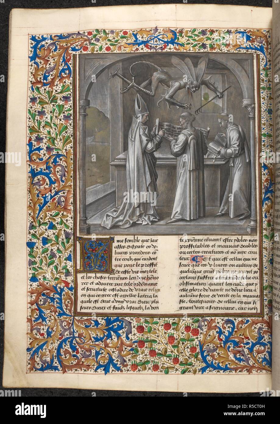 St. Augustine teaching two clerks, a devil flying above. S. AUGUSTINE, De civitate Dei, in French: the translation and commentary made by Raoul de Presles for Charles V of France. Late 15th century. Source: Royal 14 D. I f.273v. Language: French. Author: de Presles, Raoul (Translator). Stock Photo