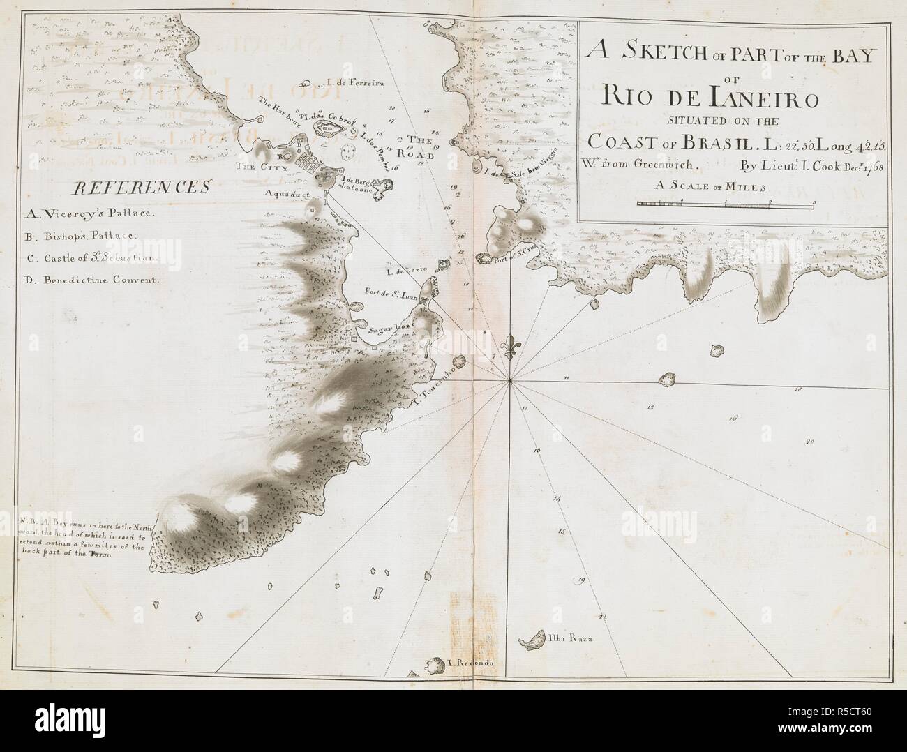 A sketch of part of the Bay of Rio de Janeiro; drawn by Lieut. James Cook, in Dec. 1768, on a scale of an inch to a mile. Charts, Plans, Views, and Drawings taken on board the Endeavour during Captain Cook's First Voyage, 1768-1771. Dec. 1768. Ms. 1 f. 7 in. x 1 f. 3 in.; 48 x 38 cm.; Scale 1: 63 360. 1 inch to a mile. Source: Add. 7085, No.2. Stock Photo