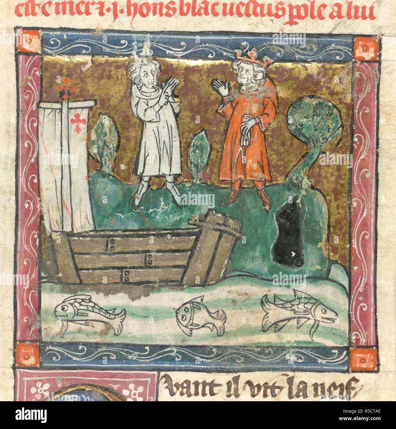 A king conversing with another figure. L'Estoire del Saint Graal. Beginning of the xivth century. Image taken from L'Estoire del Saint Graal. Source: Add. 10292, f.25. Language: French. Stock Photo