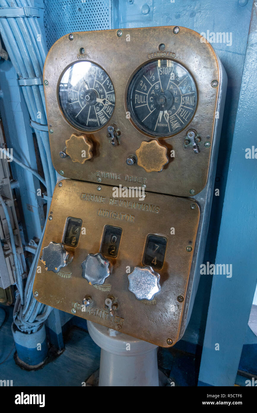 Port and starboard engine board, Navigation Bridge, USS Midway Museum, San Diego, California, United States. Stock Photo
