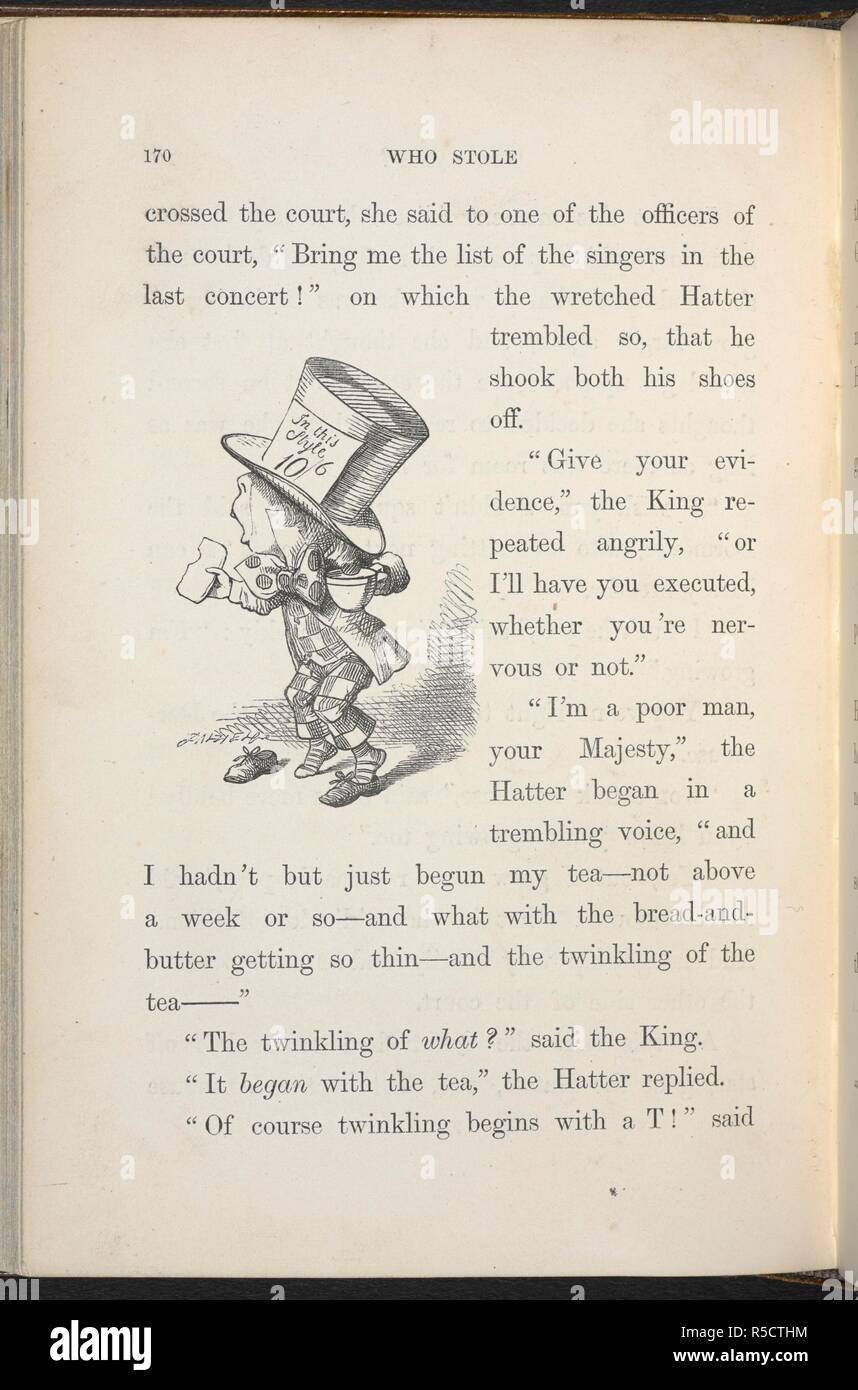 The Mad Hatter in court. Alice's Adventures in Wonderland. With forty-two illustrations by John Tenniel. London : Macmillan & Co., 1866 [1865]. Source: C.59.g.11 page 170. Stock Photo