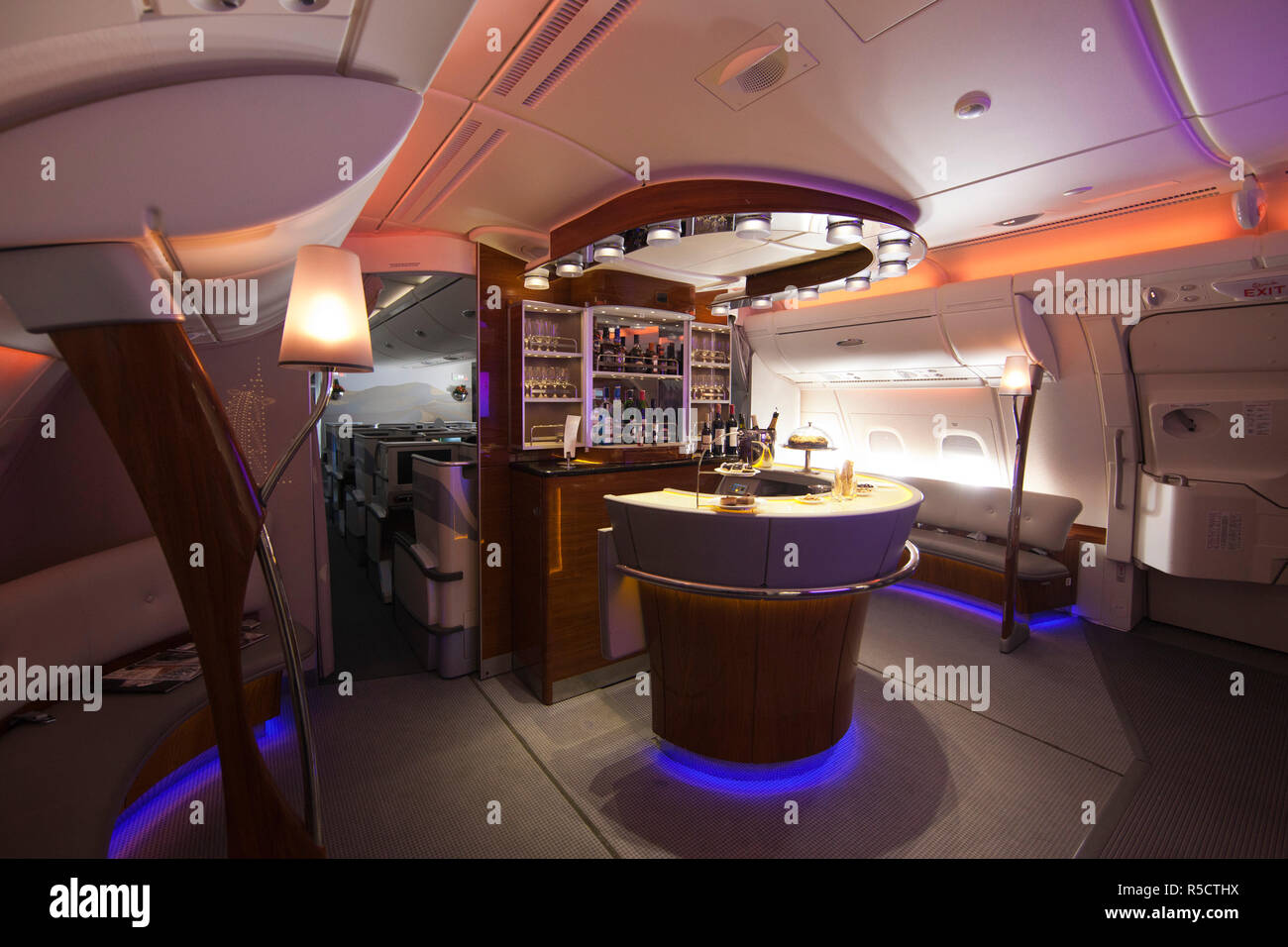 Business Class Lounge Bar On The Emirates A380 Aircraft Stock Photo Alamy