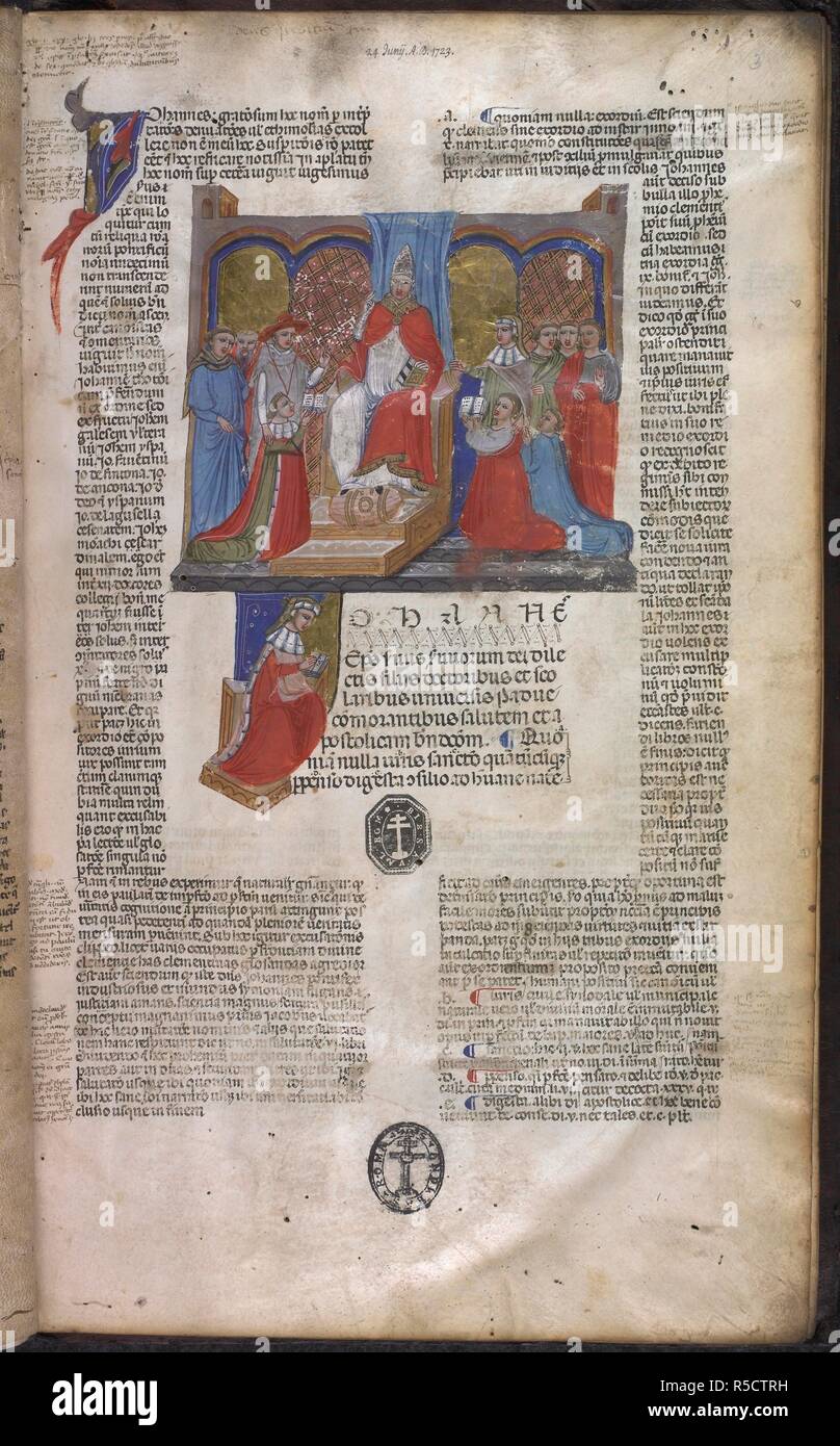 Miniature of the enthroned pope receiving a copy of a law book from a kneeling cleric, with a decorated initial 'I'(ohannes) and a historiated initial 'I'(ohannes) of a lawyer reading. Constitutiones clementis pape V, with the gloss of Johannes Andreae (Giovanni dâ€™Andrea) and the preface of Pope John XXII. Italy N.; 2nd half of the 14th century. Source: Harley 3746, f.3. Language: Latin. Stock Photo